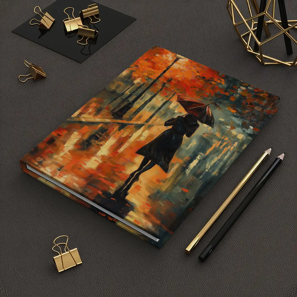 Woman With Umbrella Rainy Autumn Street Oil – Notebooks