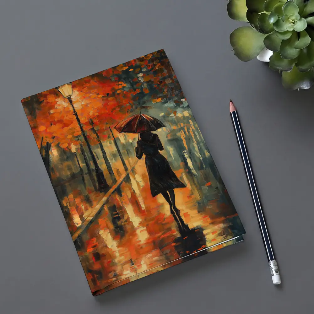 Woman With Umbrella Rainy Autumn Street Oil – Notebooks