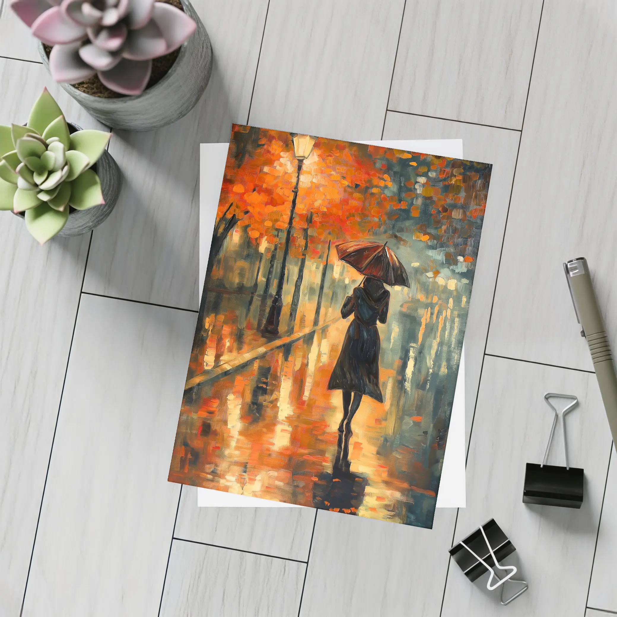 Woman With Umbrella Rainy Autumn Street Oil – Postcards
