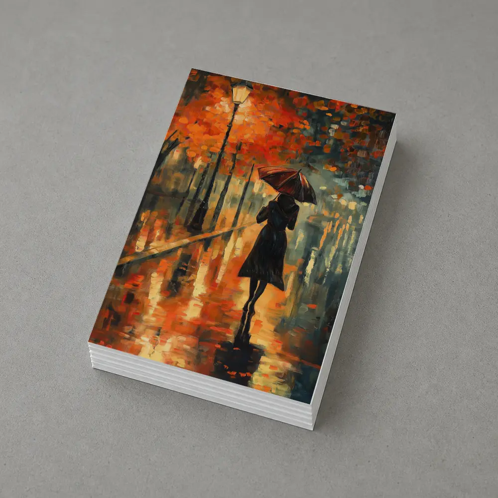 Woman With Umbrella Rainy Autumn Street Oil – Postcards