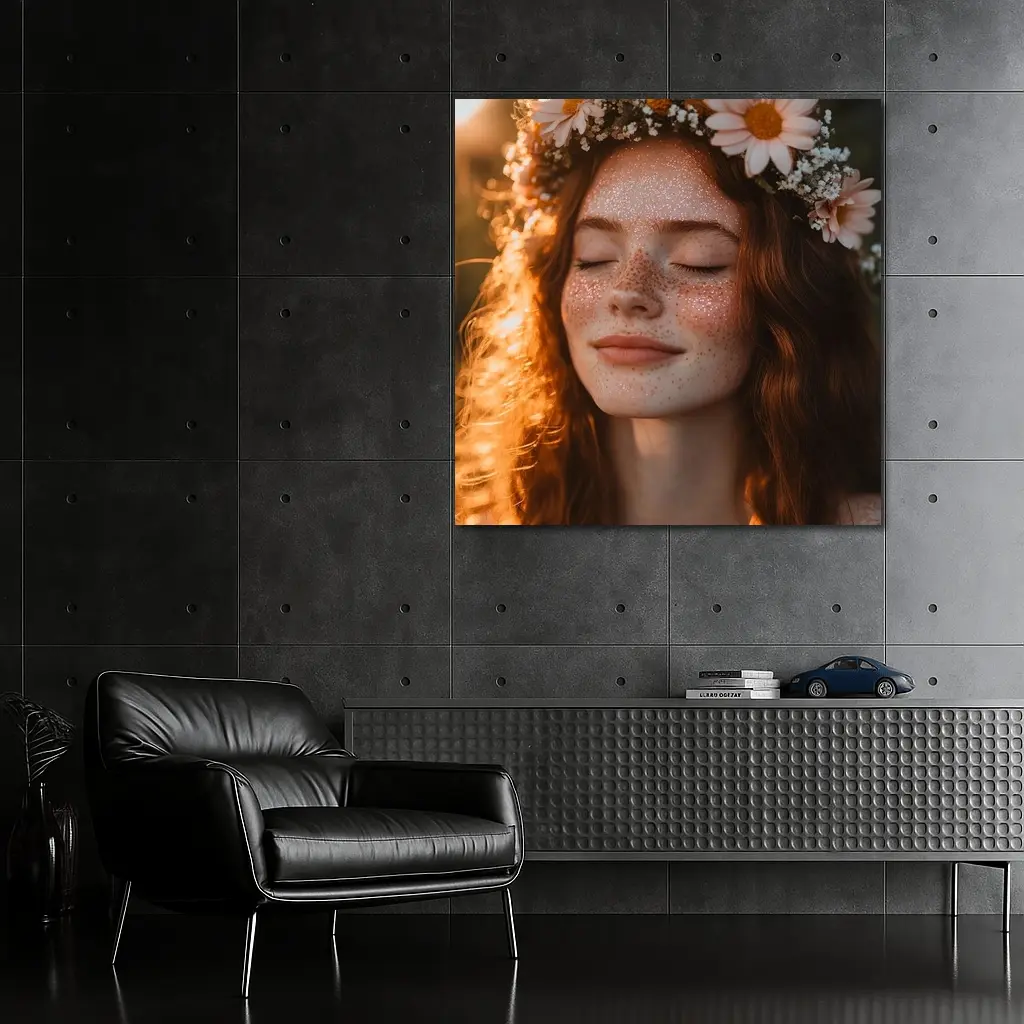 Freckled Woman Flower Crown Golden Hour – Wall Art