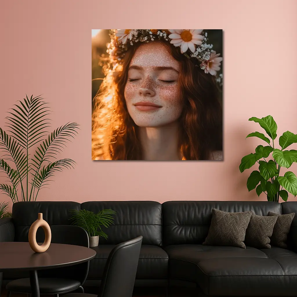 Freckled Woman Flower Crown Golden Hour – Wall Art