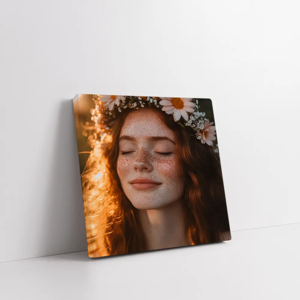 Freckled Woman Flower Crown Golden Hour – Wall Art