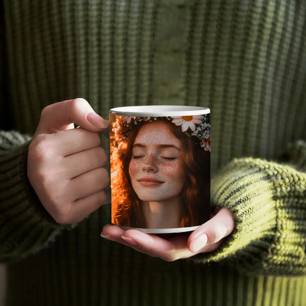 Freckled Woman Flower Crown Golden Hour – Mugs