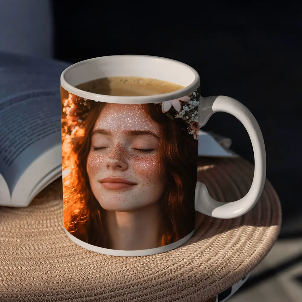 Freckled Woman Flower Crown Golden Hour – Mugs