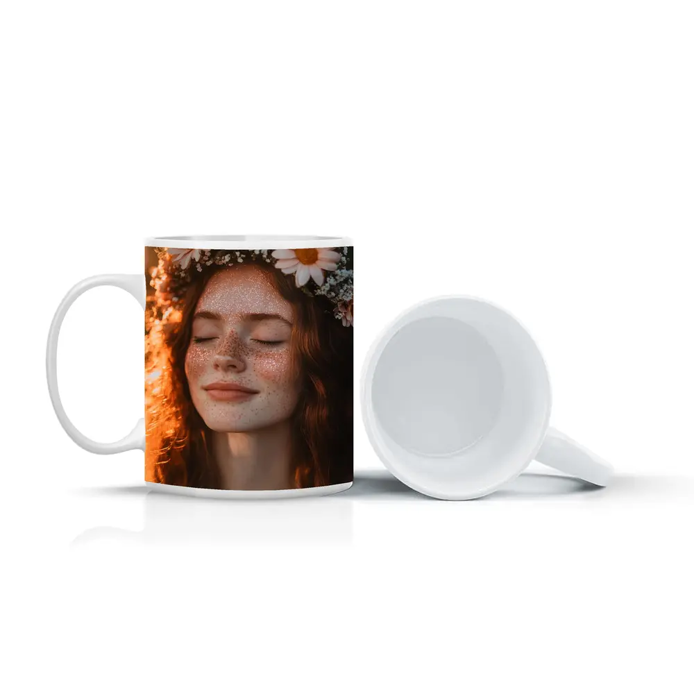 Freckled Woman Flower Crown Golden Hour – Mugs