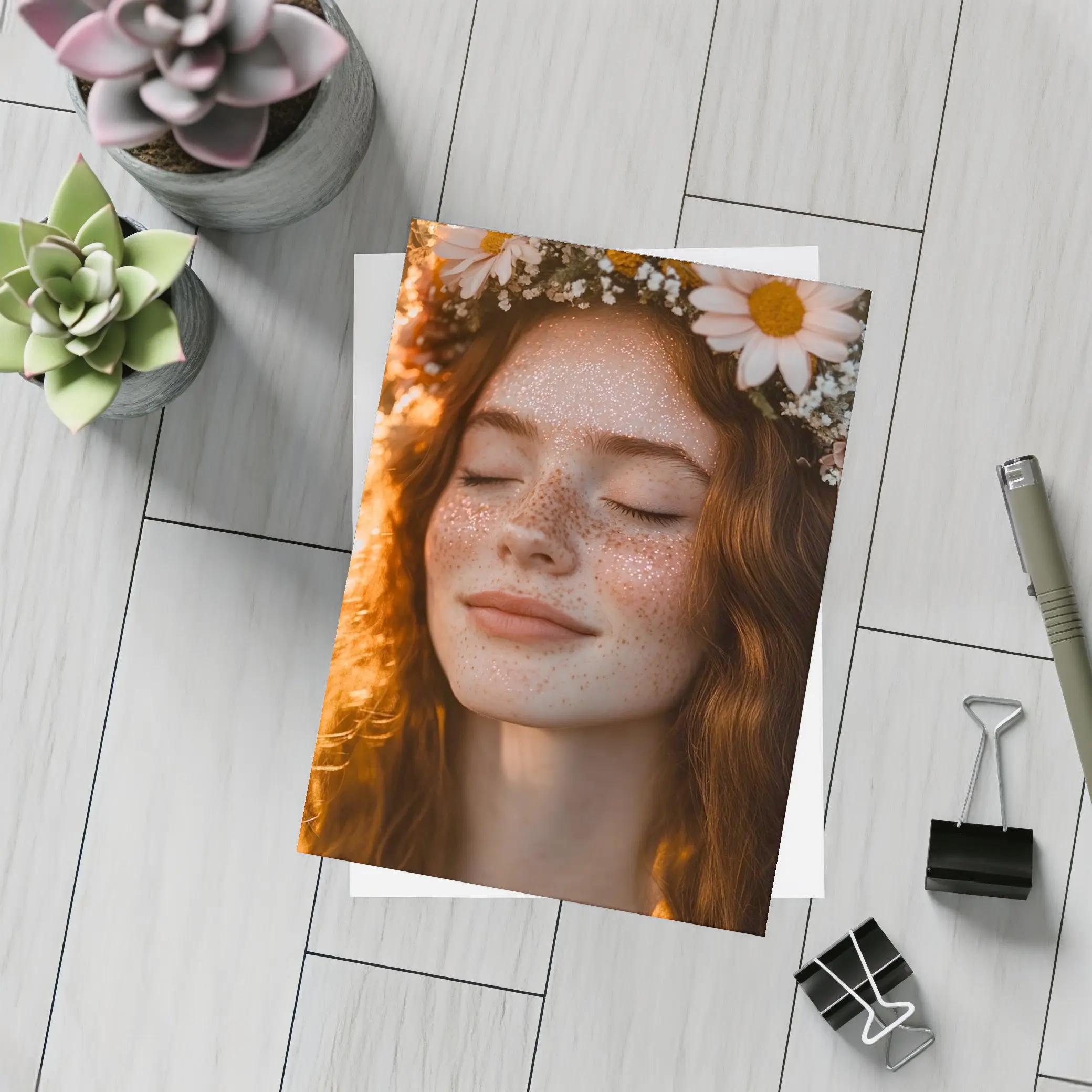 Freckled Woman Flower Crown Golden Hour – Postcards