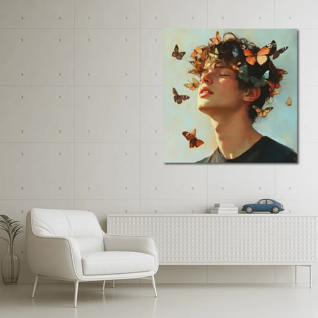 Young Man With Butterflies Oil Painting – Wall Art