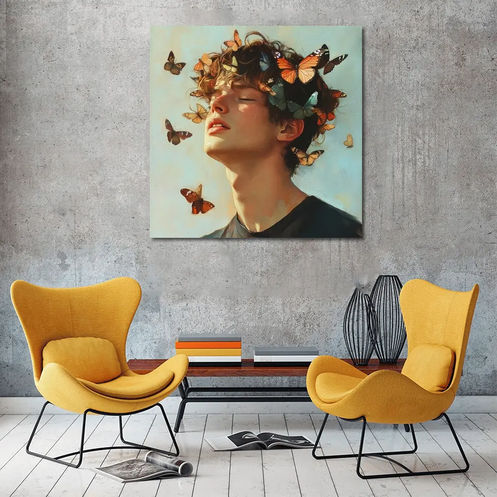Young Man With Butterflies Oil Painting – Wall Art