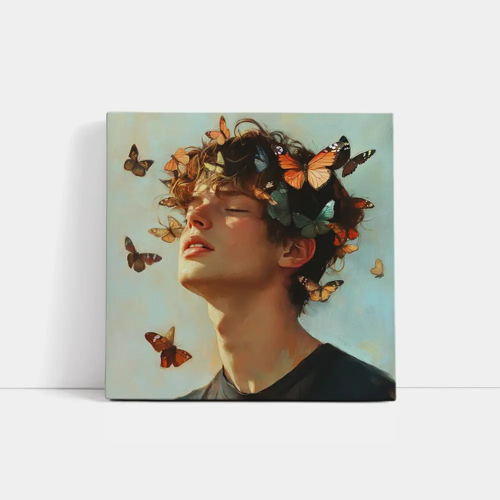Young Man With Butterflies Oil Painting – Wall Art