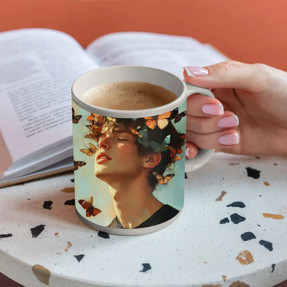 Young Man With Butterflies Oil Painting – Mugs
