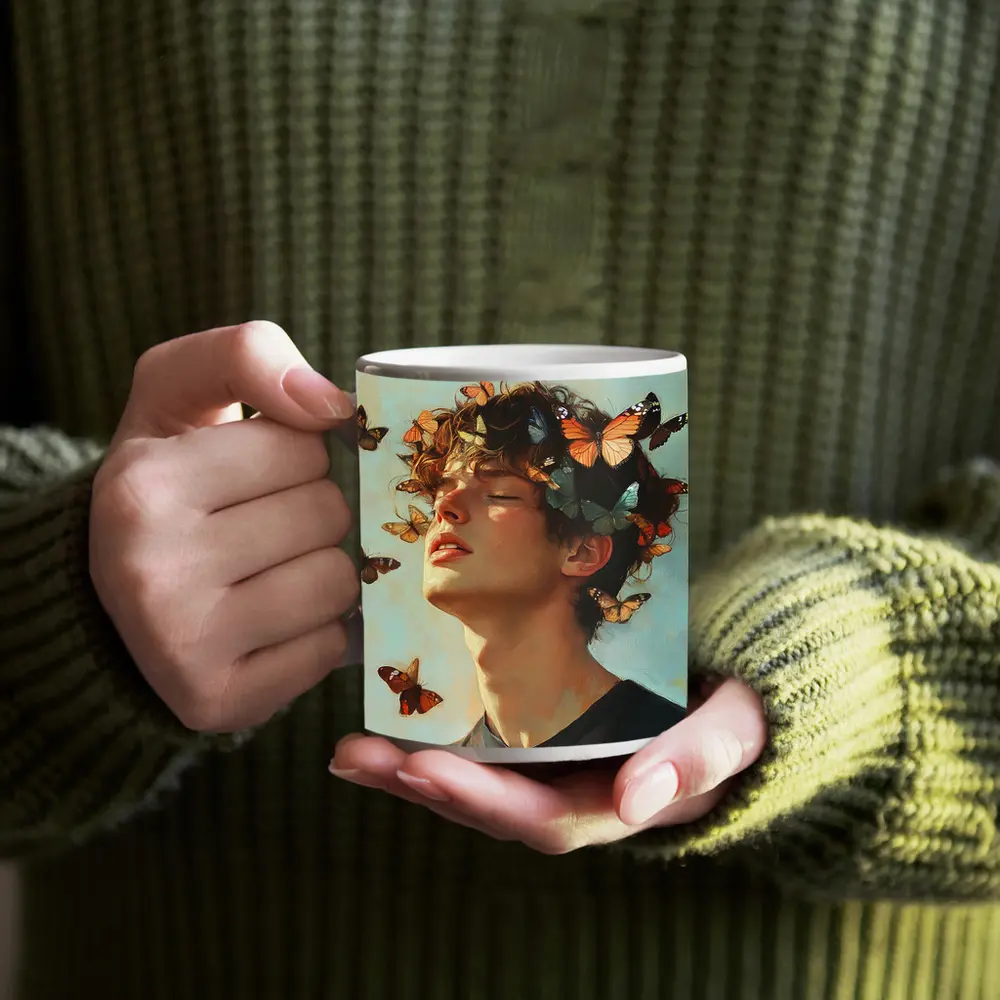 Young Man With Butterflies Oil Painting – Mugs