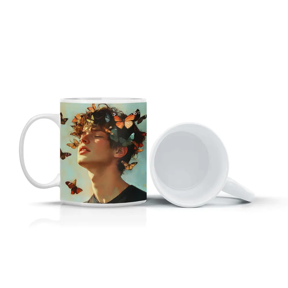Young Man With Butterflies Oil Painting – Mugs