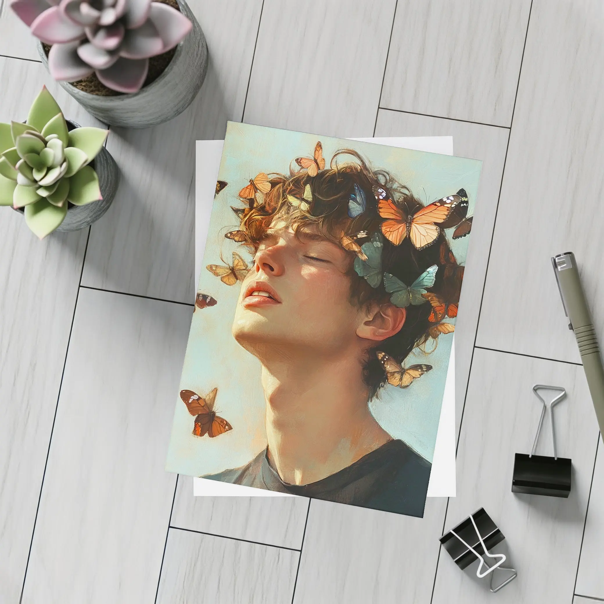 Young Man With Butterflies Oil Painting – Postcards