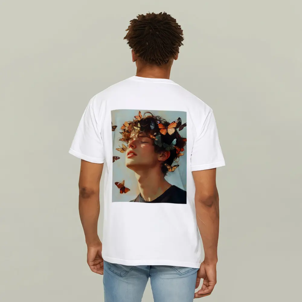 Young Man With Butterflies Oil Painting – T-Shirts