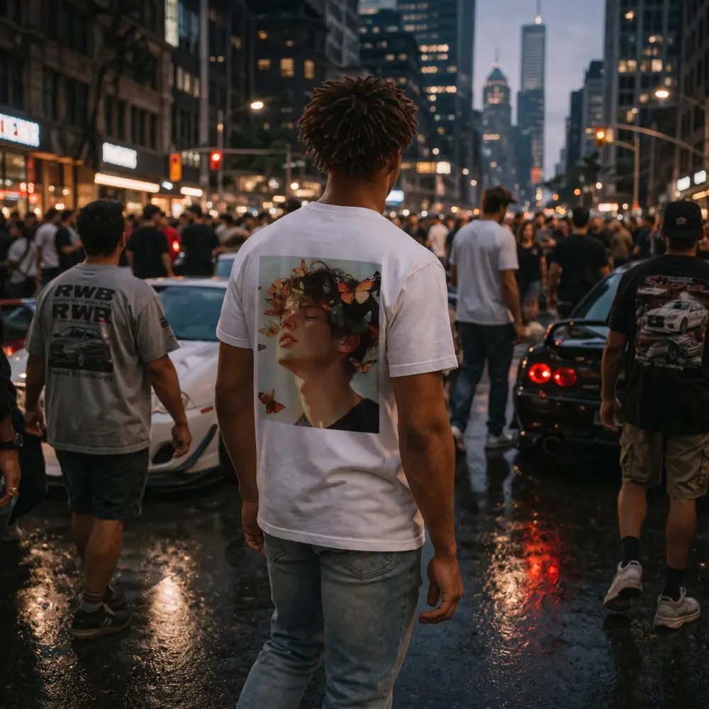 Young Man With Butterflies Oil Painting – T-Shirts