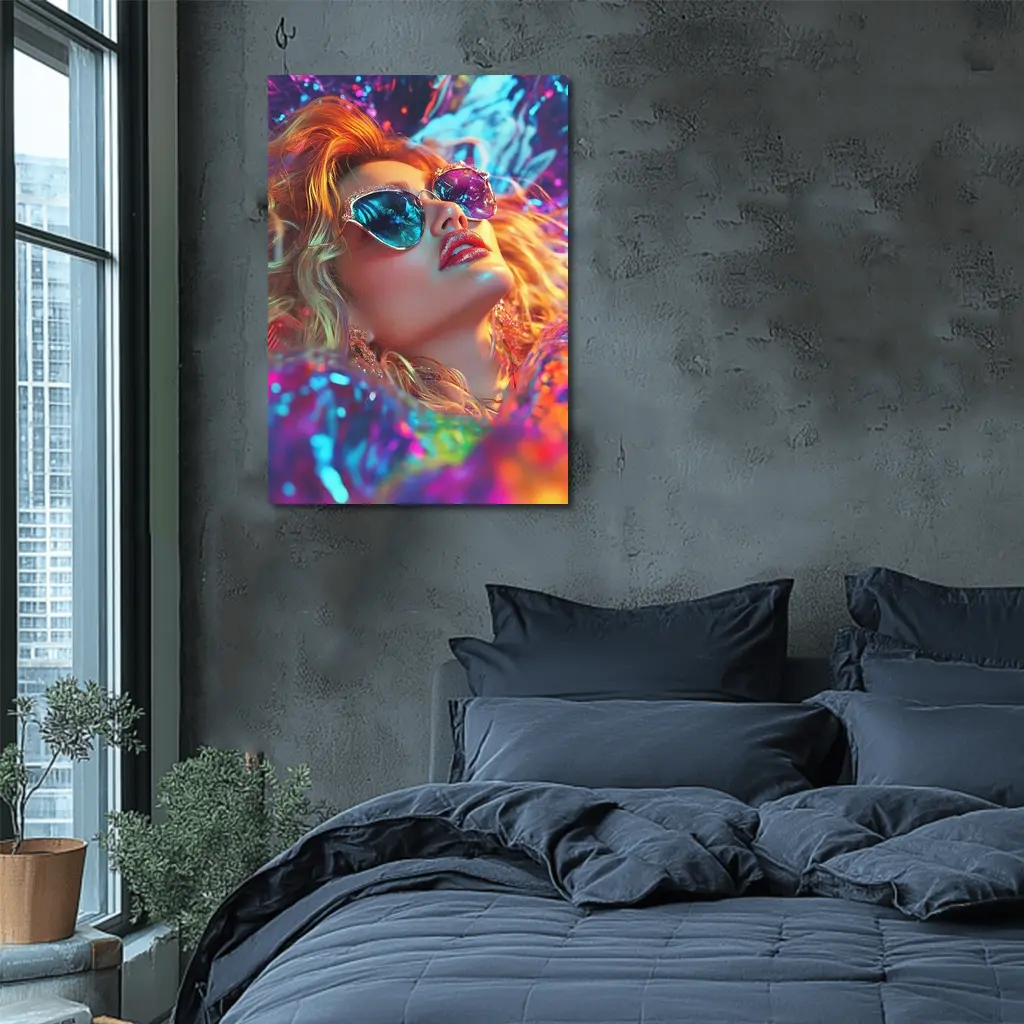Glamour Woman Neon Holographic Fashion Portrait – Wall Art