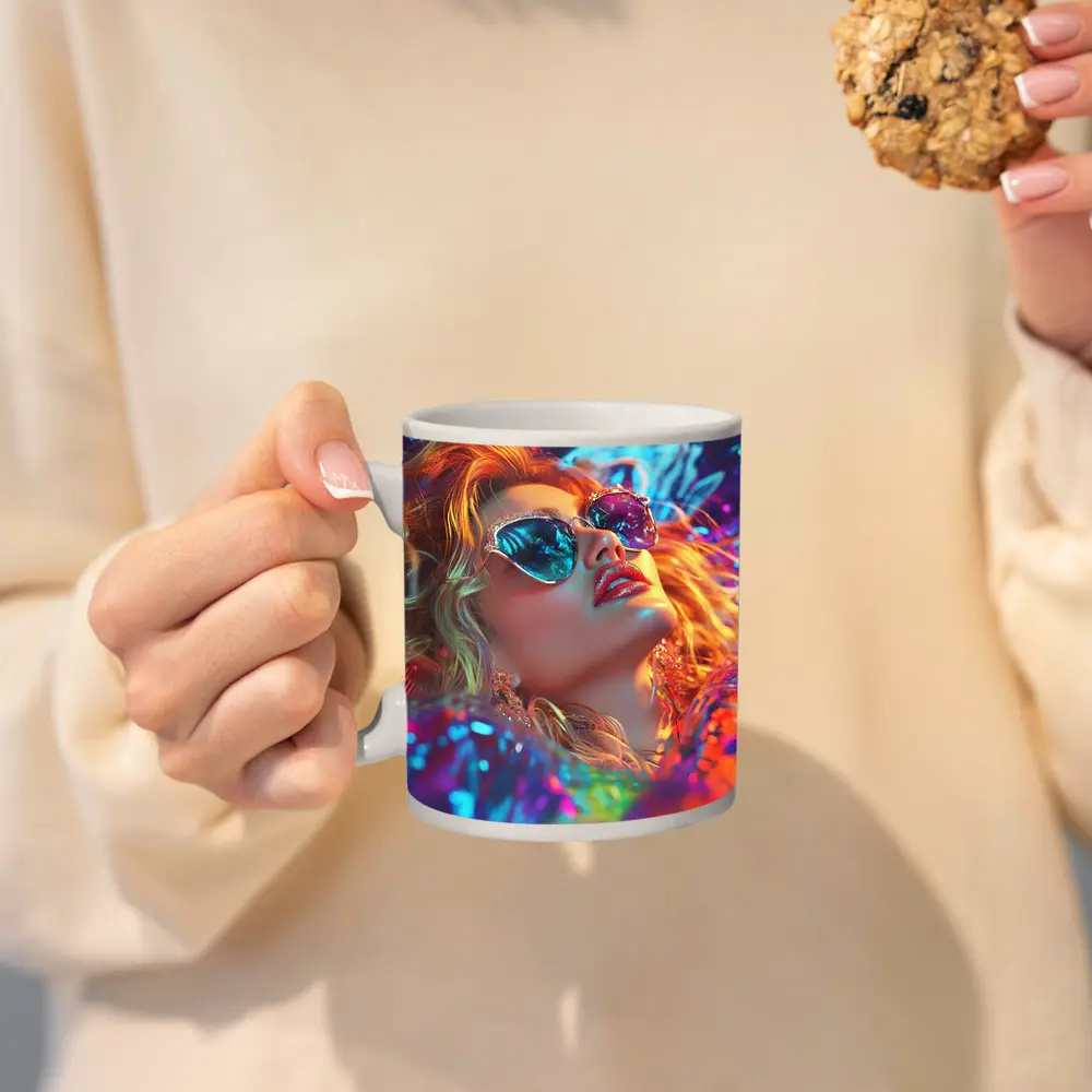 Glamour Woman Neon Holographic Fashion Portrait – Mugs