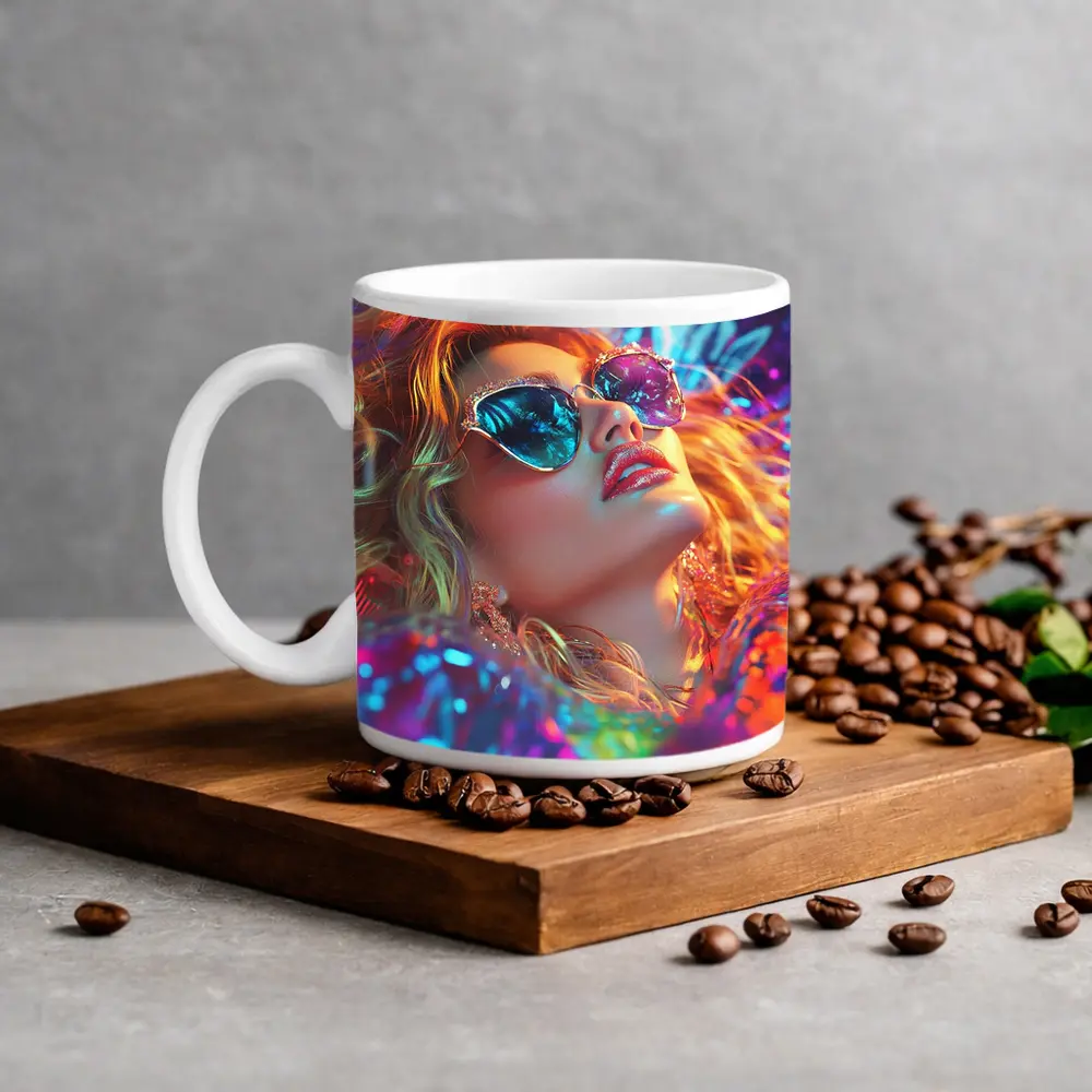 Glamour Woman Neon Holographic Fashion Portrait – Mugs