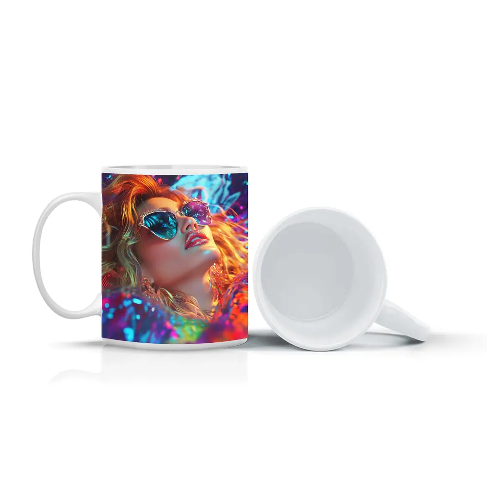 Glamour Woman Neon Holographic Fashion Portrait – Mugs
