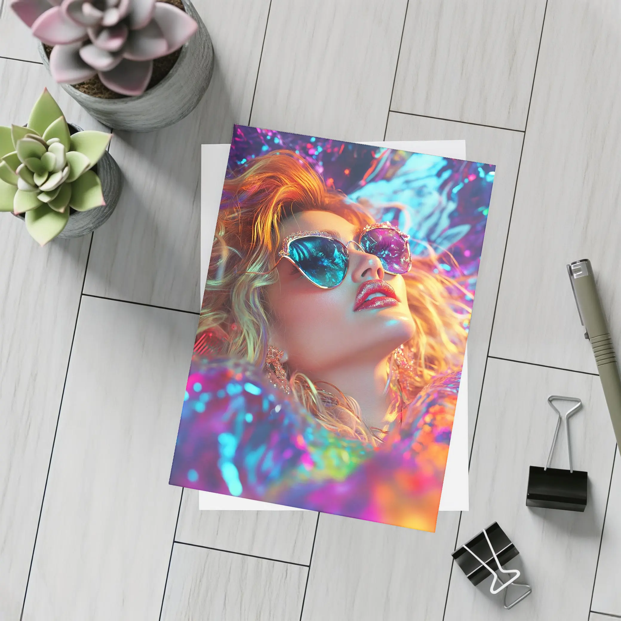 Glamour Woman Neon Holographic Fashion Portrait – Postcards
