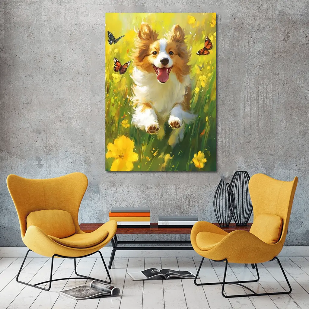 Happy Corgi Puppy Running Yellow Flower Field – Wall Art