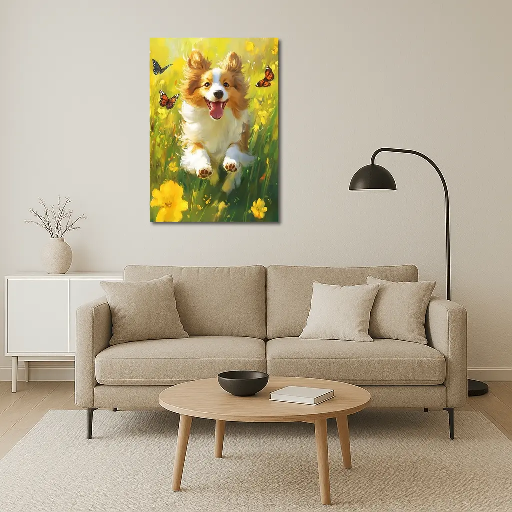 Happy Corgi Puppy Running Yellow Flower Field – Wall Art