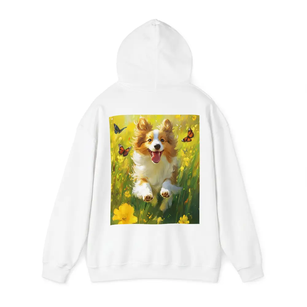 Happy Corgi Puppy Running Yellow Flower Field – Hoodies