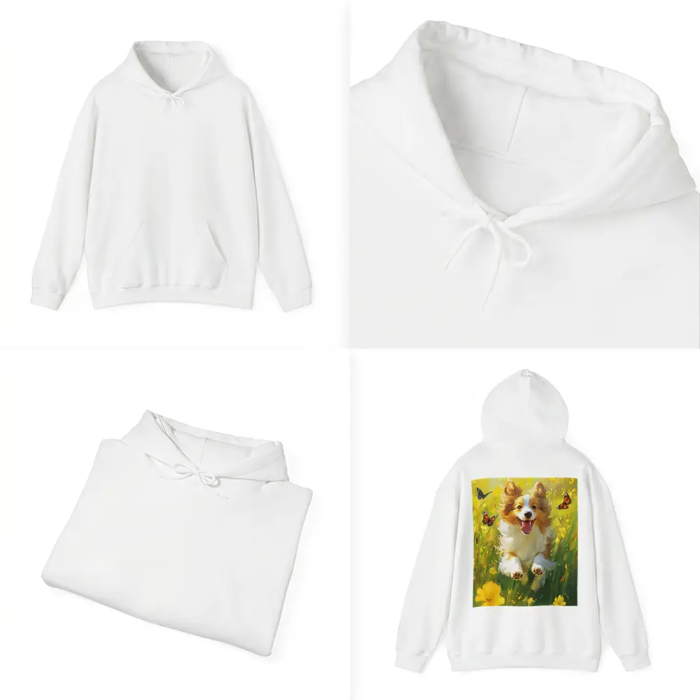 Happy Corgi Puppy Running Yellow Flower Field – Hoodies