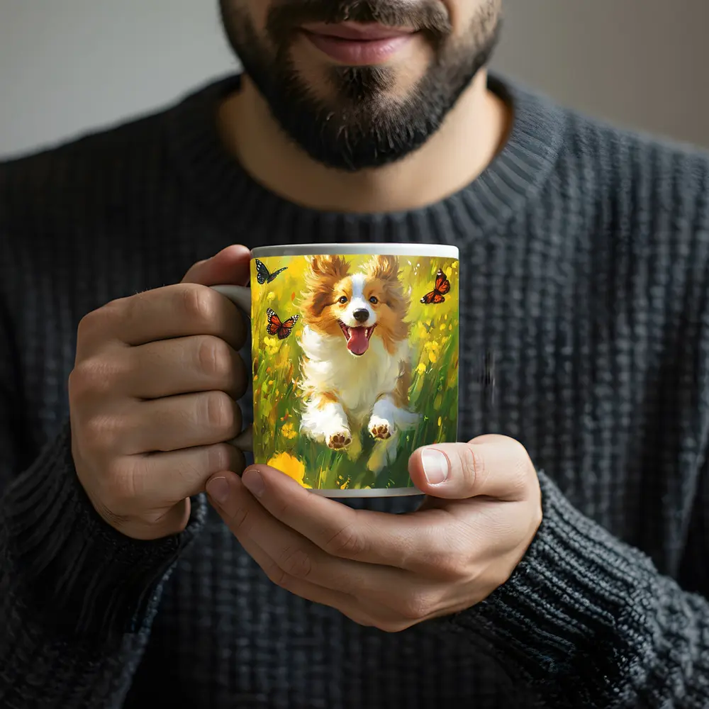 Happy Corgi Puppy Running Yellow Flower Field – Mugs