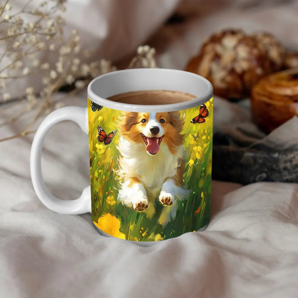 Happy Corgi Puppy Running Yellow Flower Field – Mugs