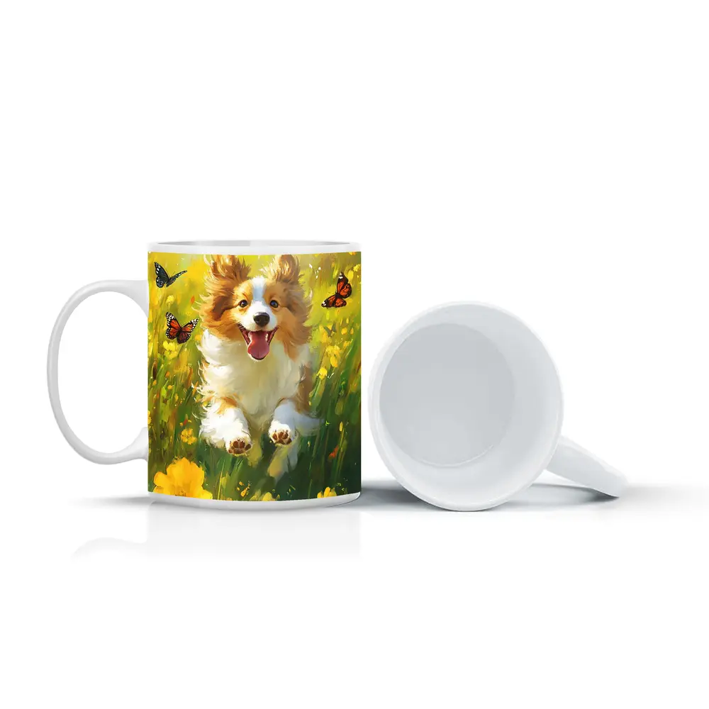 Happy Corgi Puppy Running Yellow Flower Field – Mugs