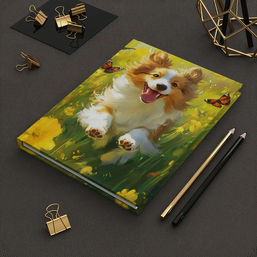 Happy Corgi Puppy Running Yellow Flower Field – Notebooks