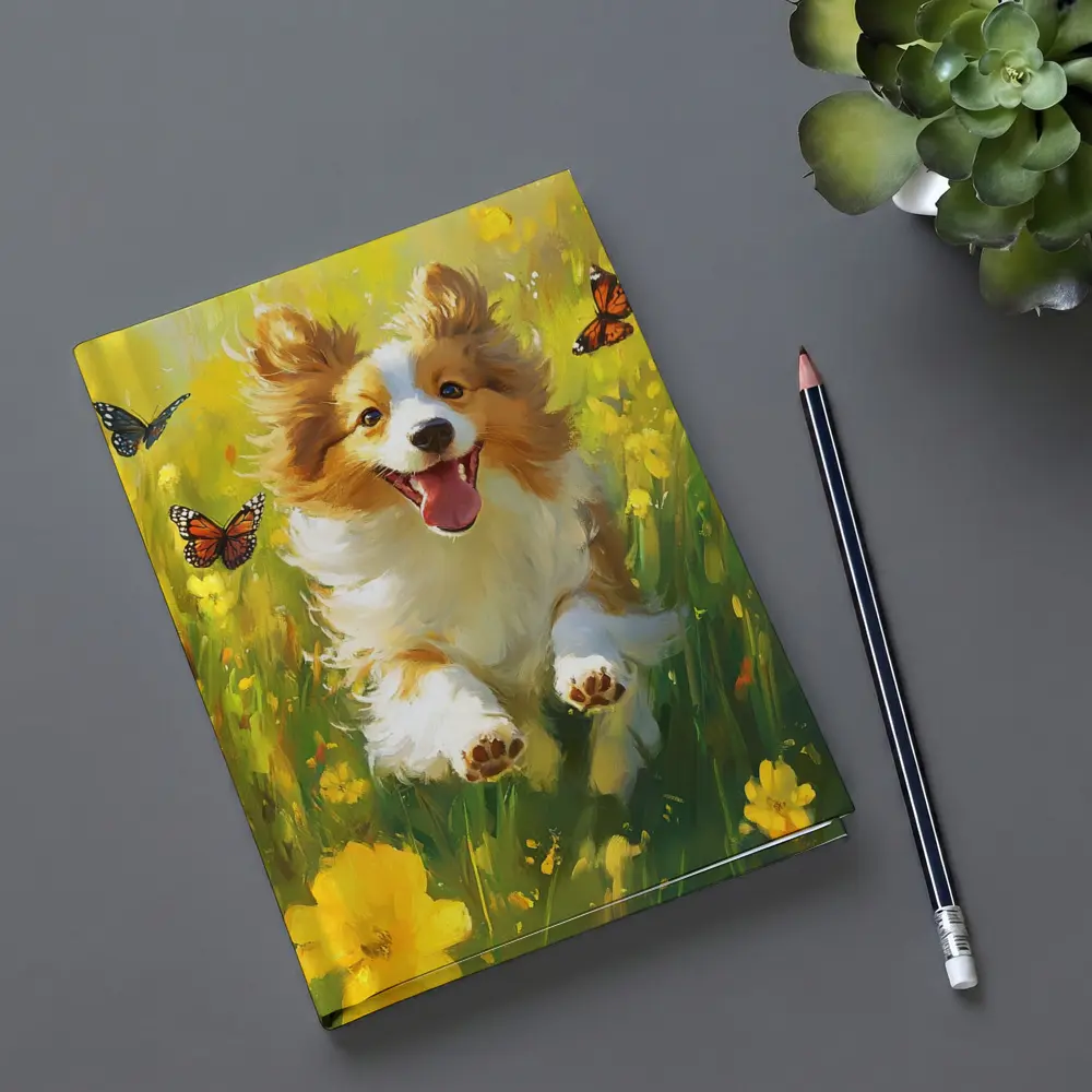 Happy Corgi Puppy Running Yellow Flower Field – Notebooks