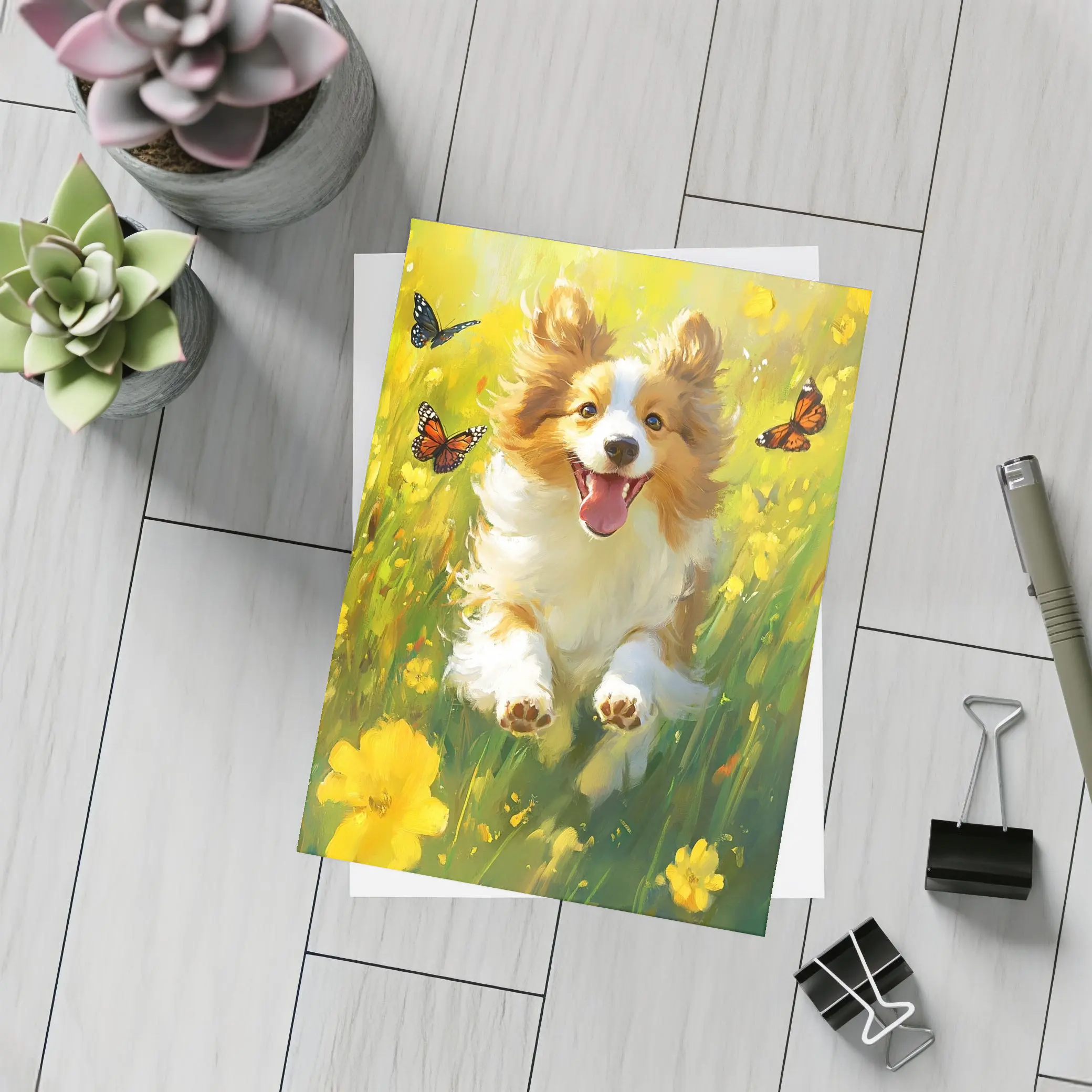 Happy Corgi Puppy Running Yellow Flower Field – Postcards