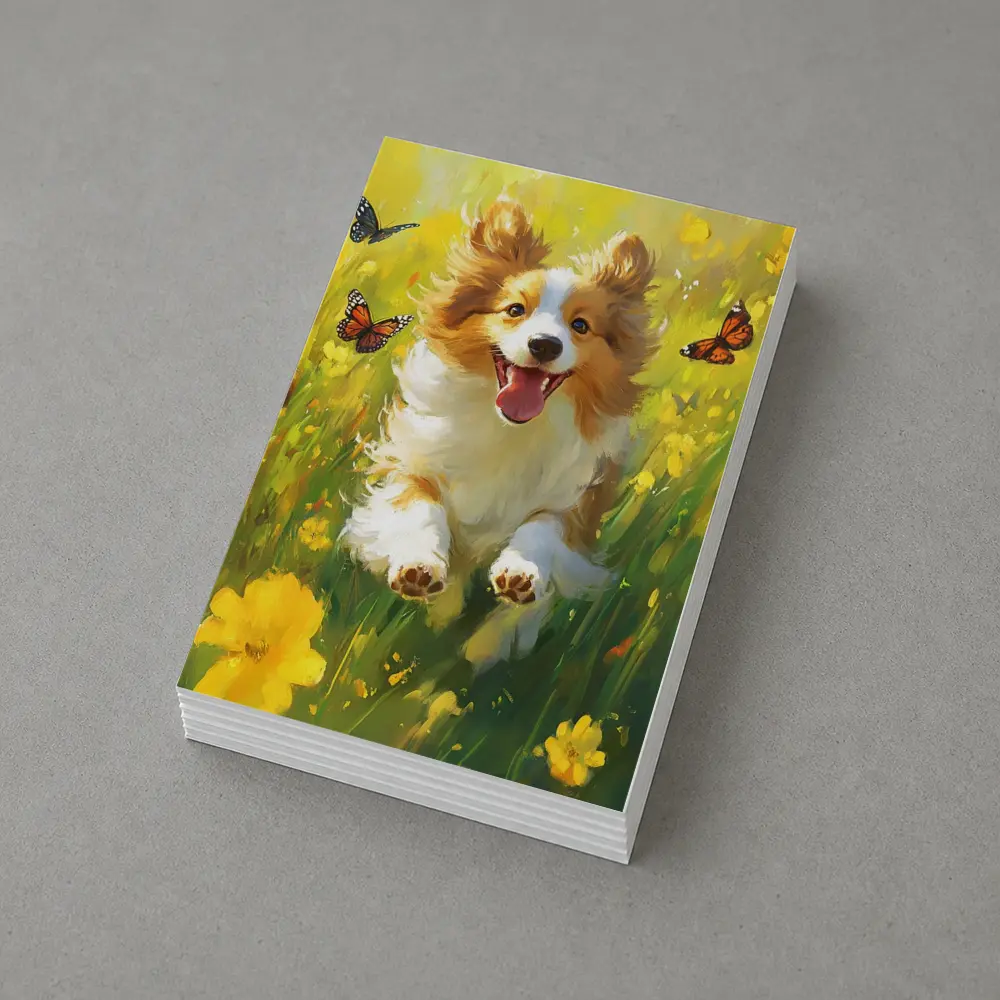 Happy Corgi Puppy Running Yellow Flower Field – Postcards