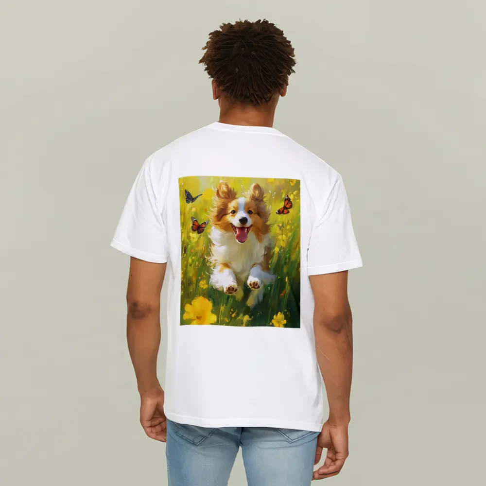 Happy Corgi Puppy Running Yellow Flower Field – T-Shirts
