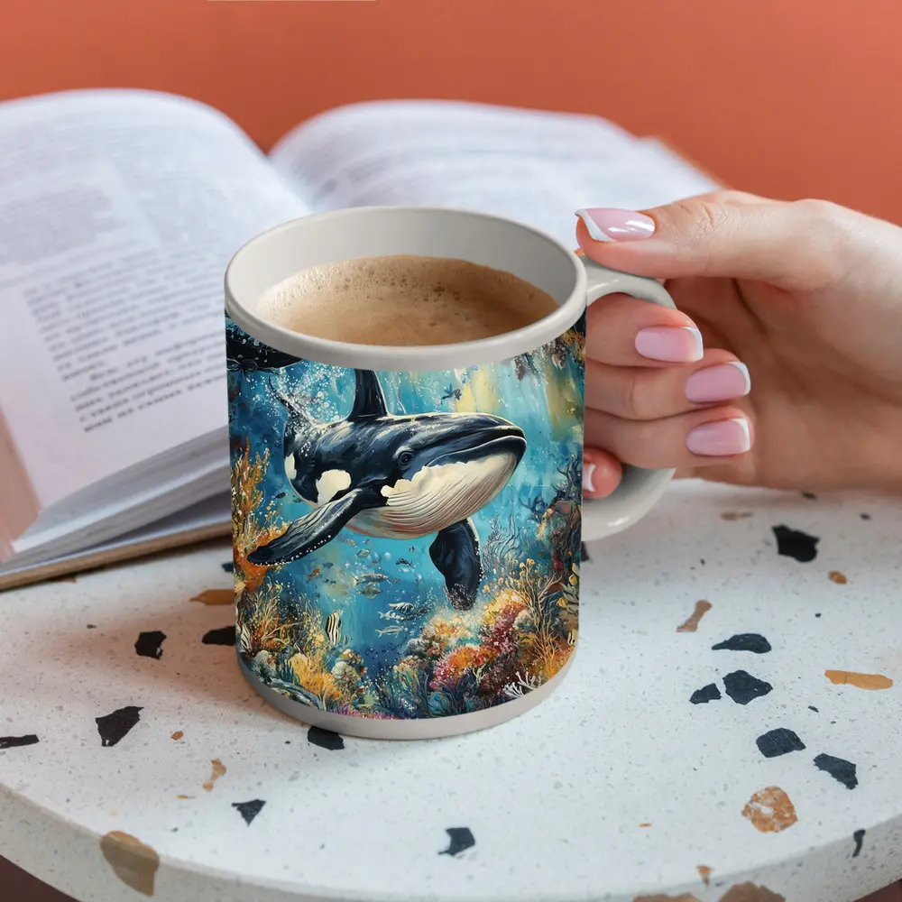 Orca Killer Whale Swimming Coral Reef Ocean – Mugs