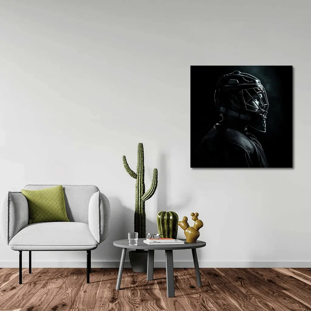 Hockey Goalie Dark Portrait Black Background – Wall Art
