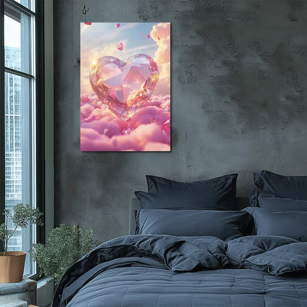 Crystal Diamond Heart Pink Dreamy Clouds Sky – Wall Art