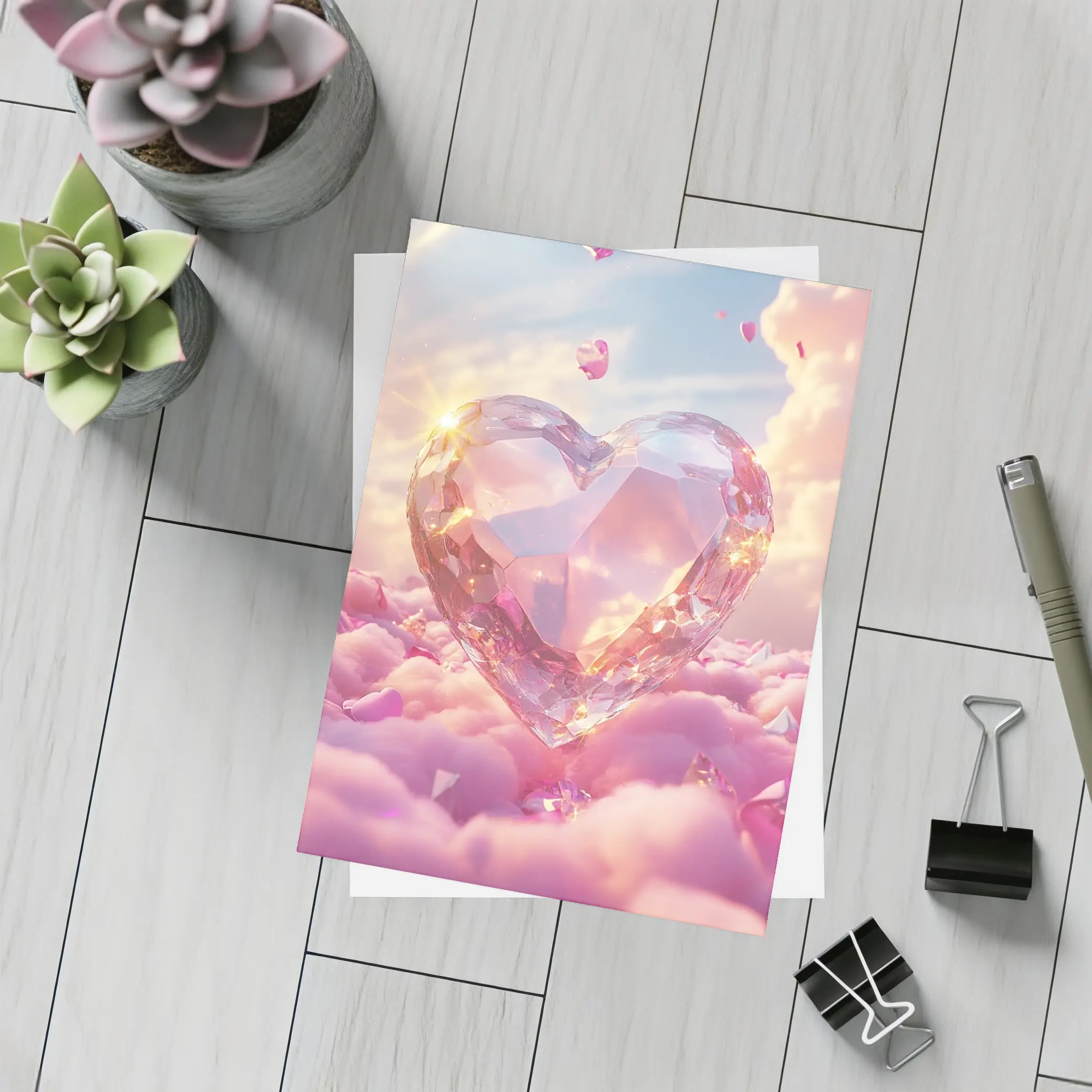 Crystal Diamond Heart Pink Dreamy Clouds Sky – Postcards