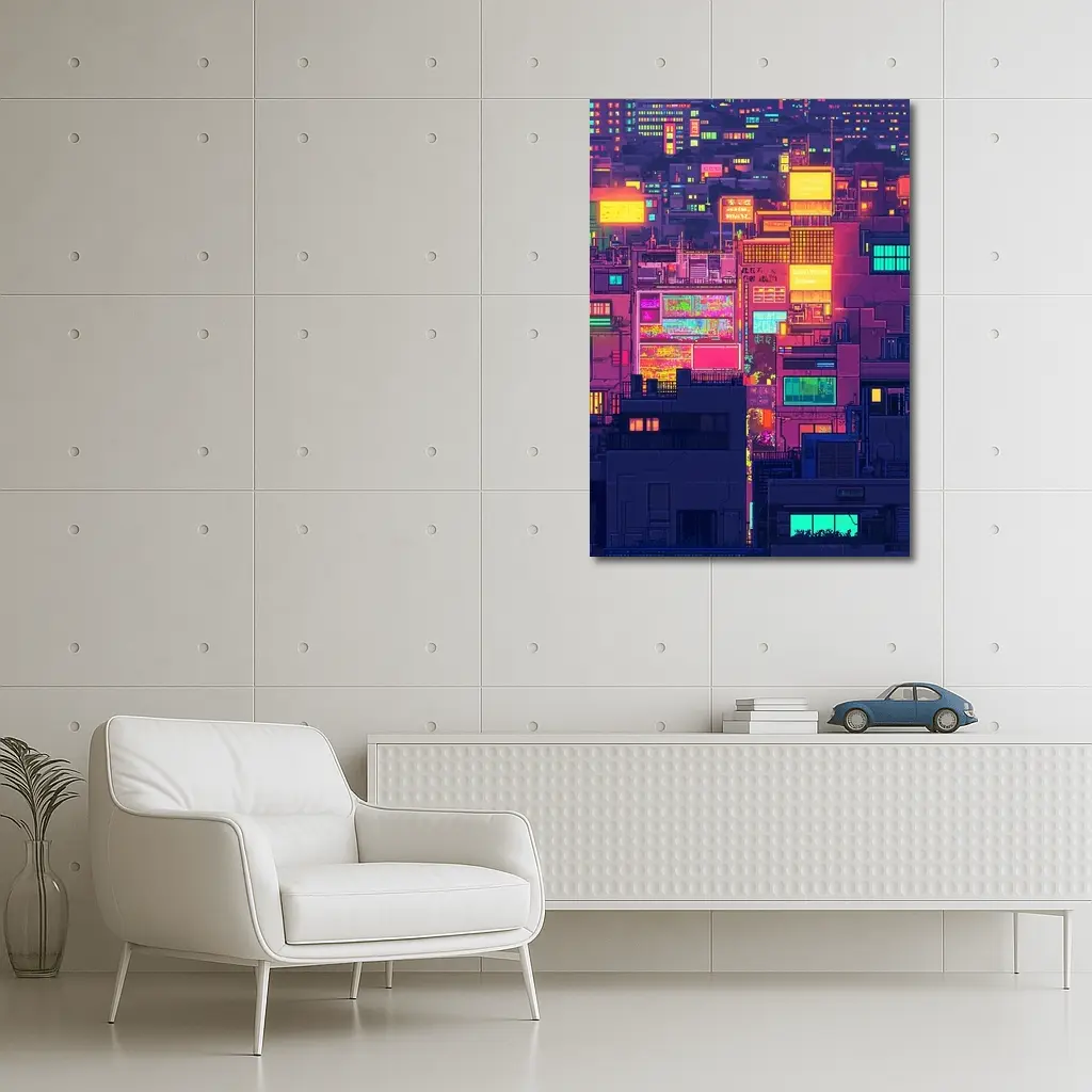 Pixel Art Neon City Night Skyline – Wall Art