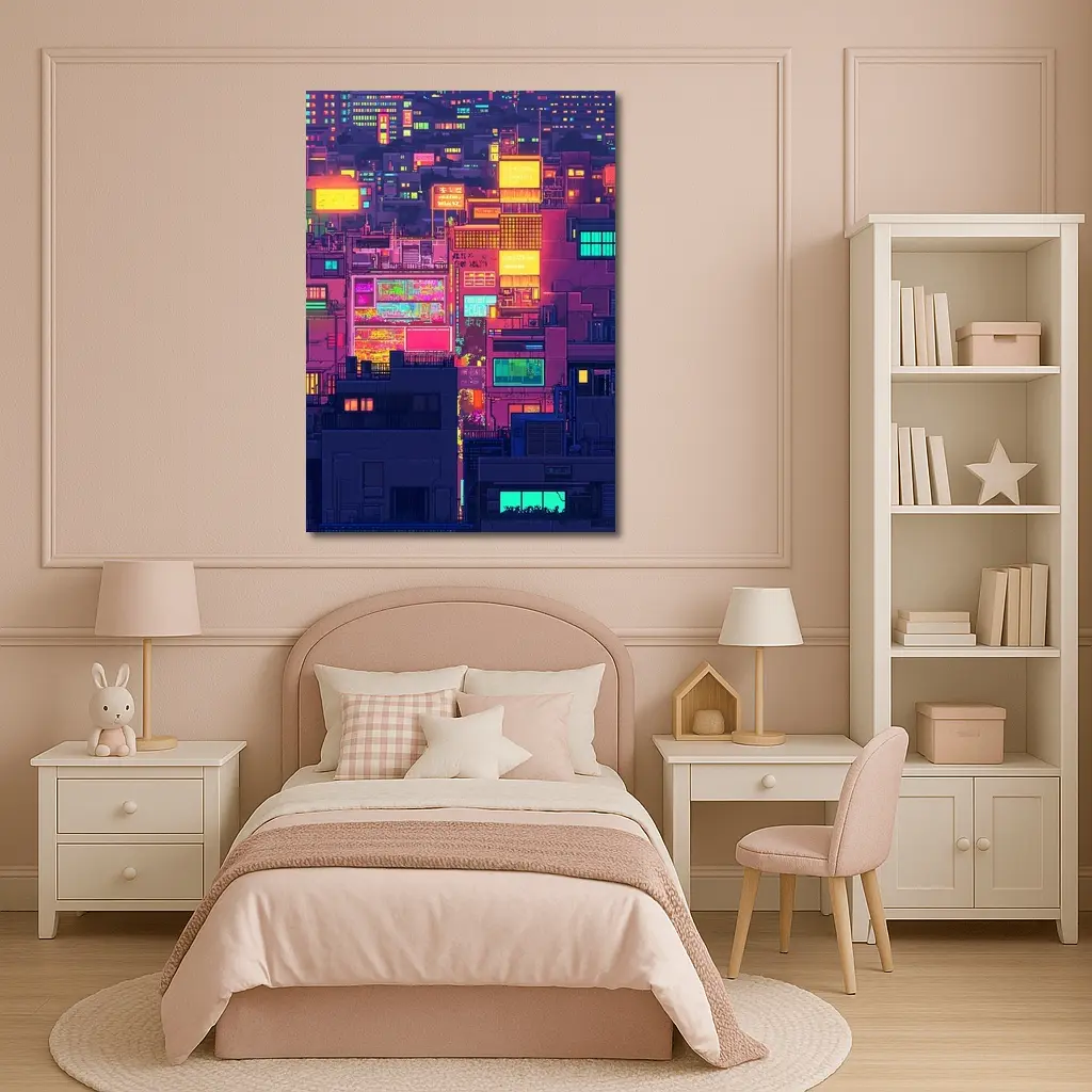 Pixel Art Neon City Night Skyline – Wall Art
