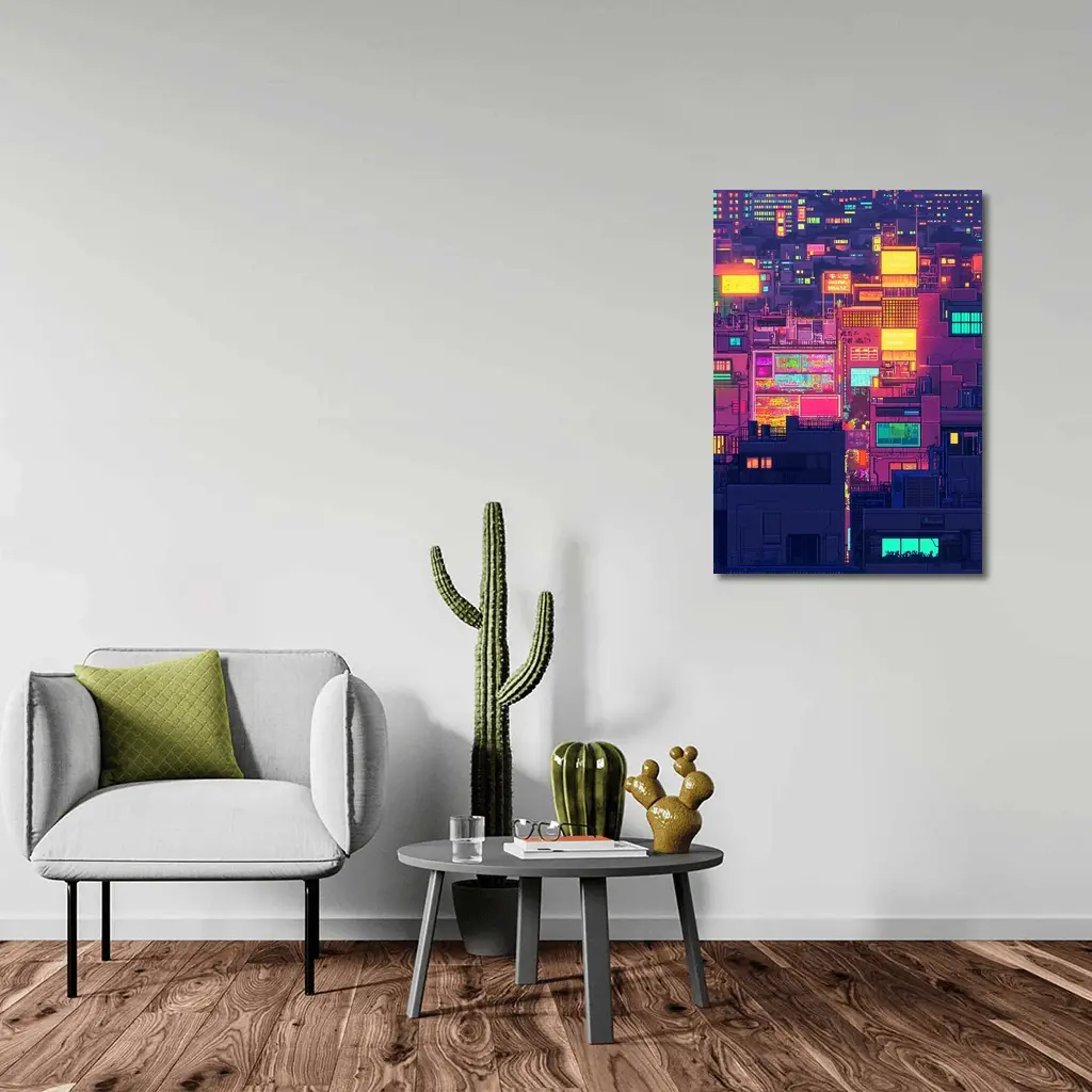 Pixel Art Neon City Night Skyline – Wall Art