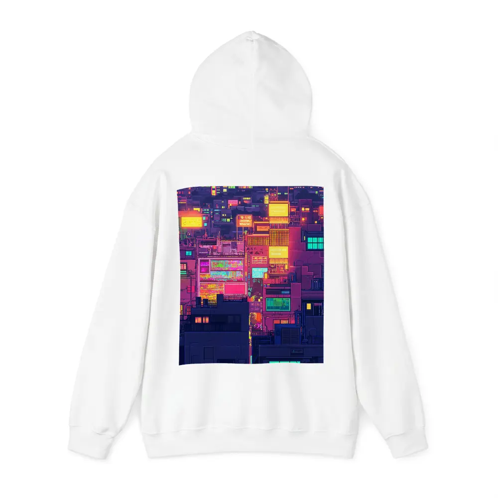Pixel Art Neon City Night Skyline – Hoodies