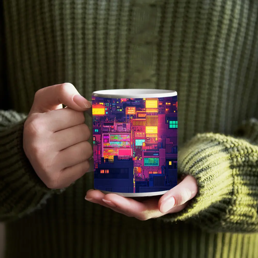 Pixel Art Neon City Night Skyline – Mugs