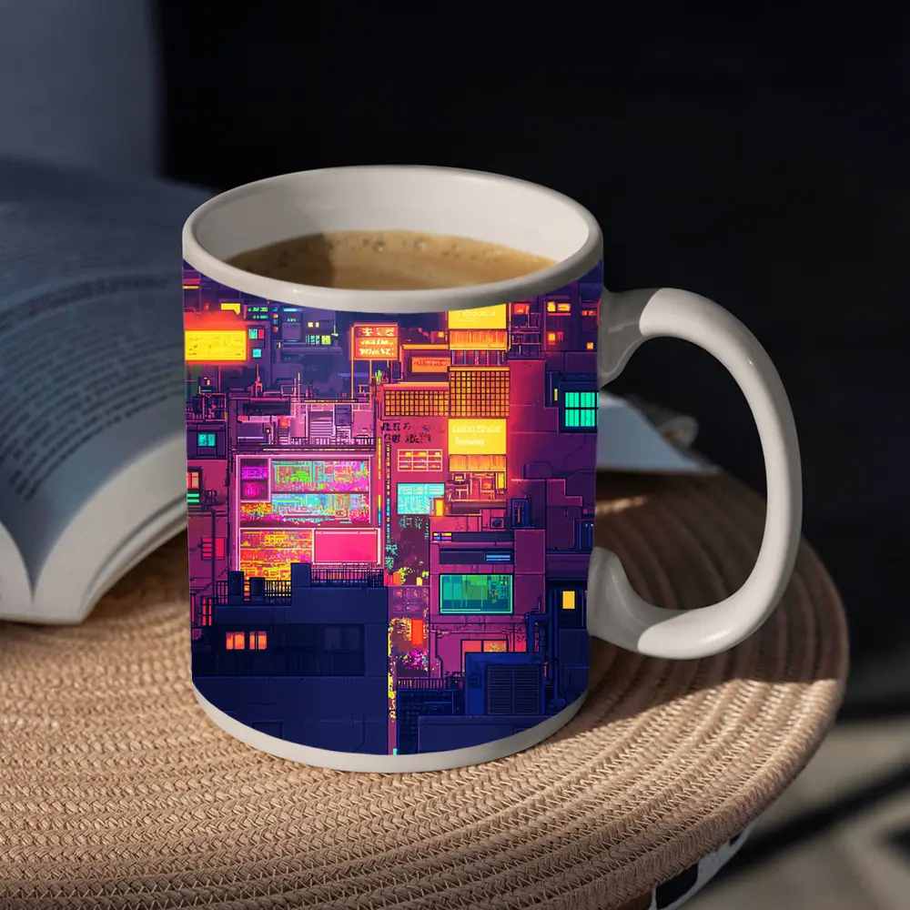 Pixel Art Neon City Night Skyline – Mugs
