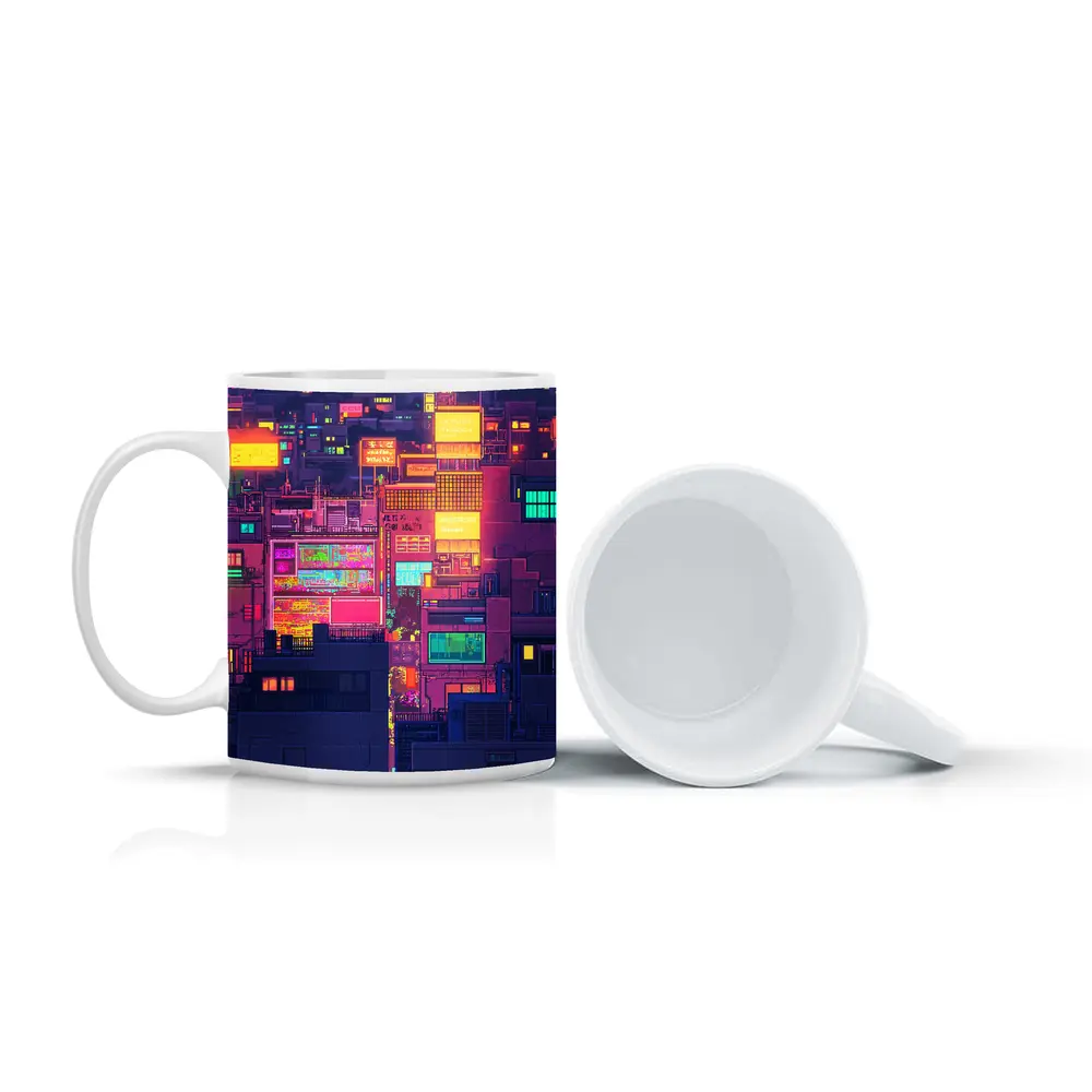 Pixel Art Neon City Night Skyline – Mugs