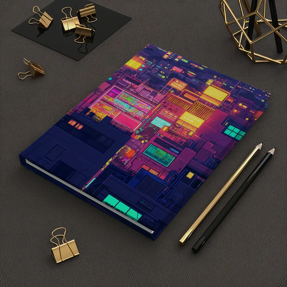 Pixel Art Neon City Night Skyline – Notebooks