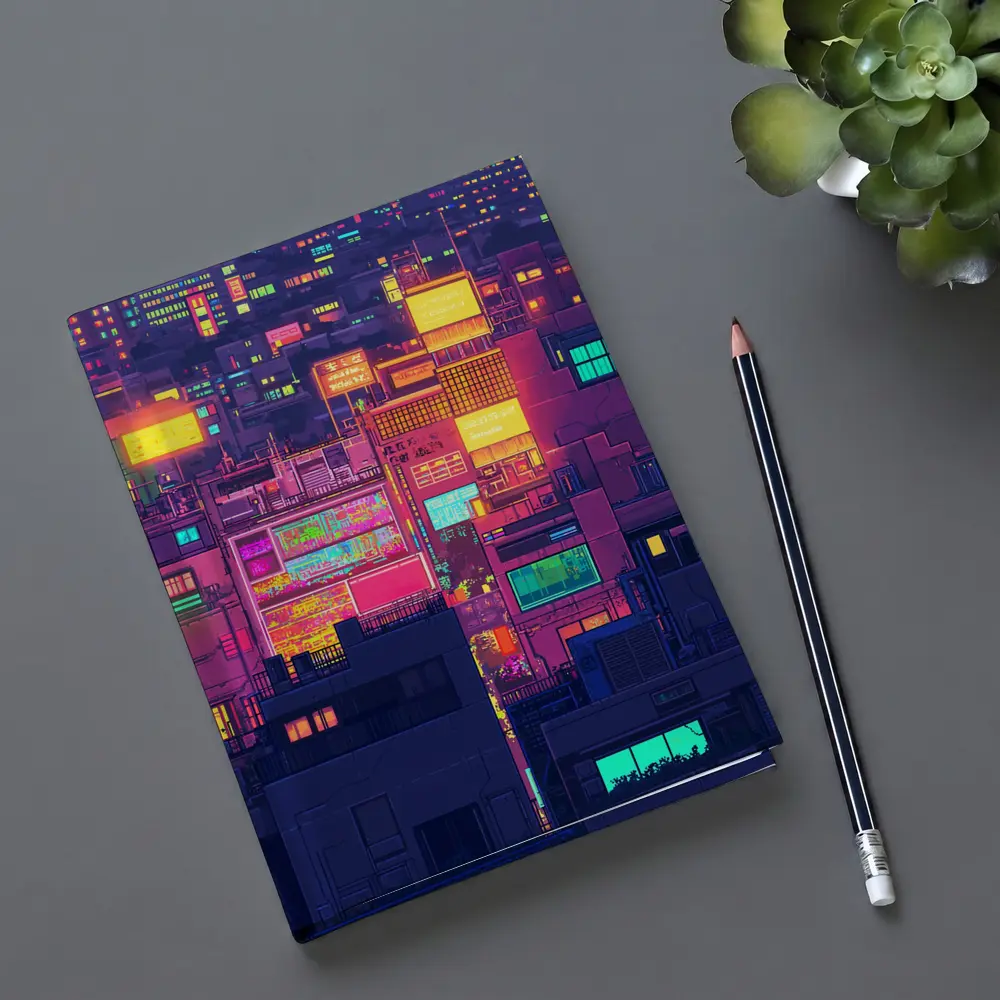 Pixel Art Neon City Night Skyline – Notebooks